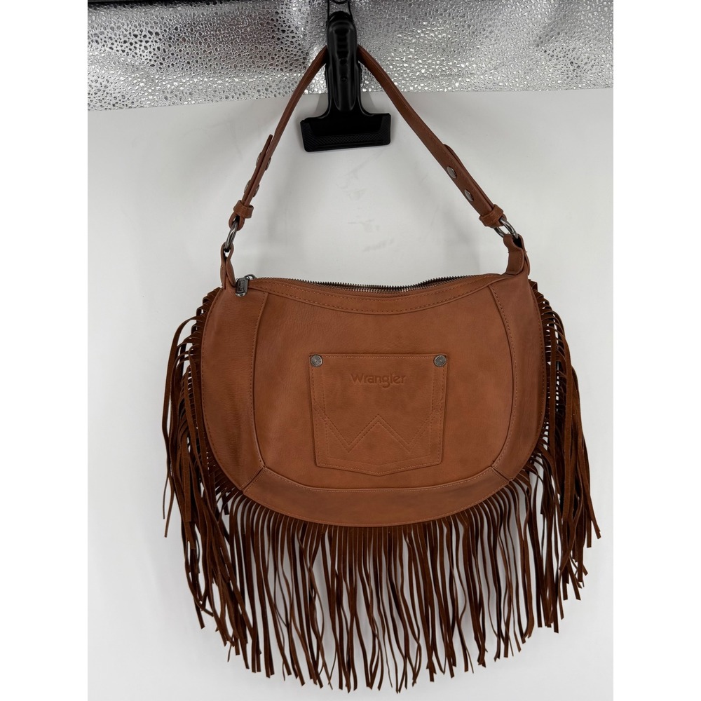 Wrangler Brown Tooled Vegan Leather Fringe Hobo Bag Western Crossbody Purse - Picture 2 of 6